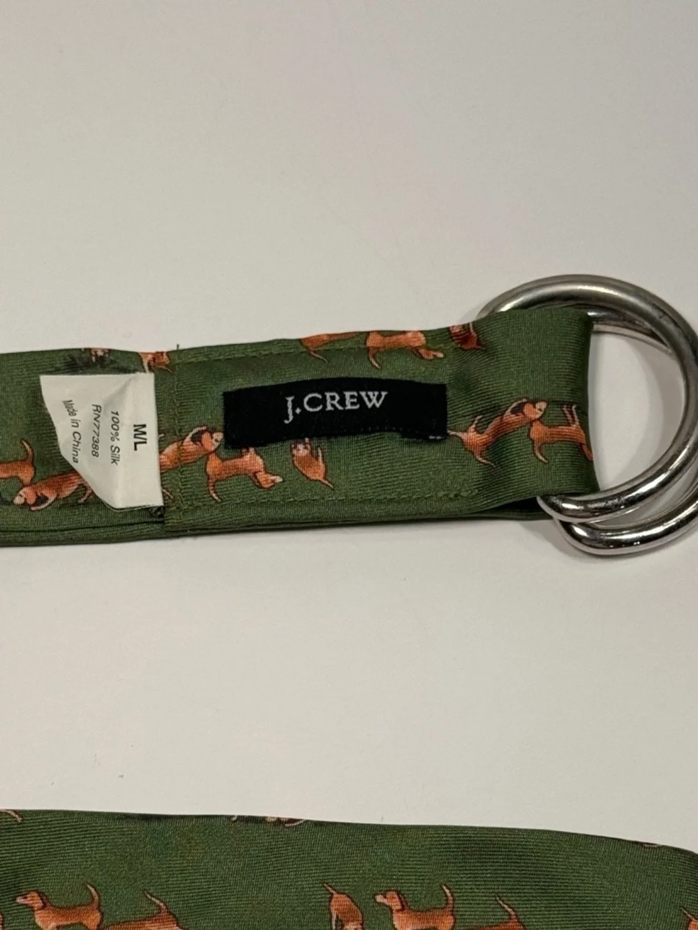 J. Crew Silk Tie D-Ring Belt Fox Hunt Hound Dog Print Green Size M/L - Picture 4 of 5